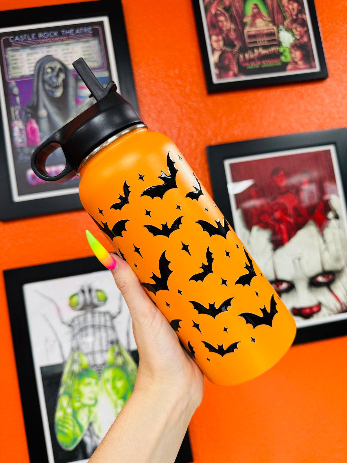 Orange W/ Black Bats  Water Bottle