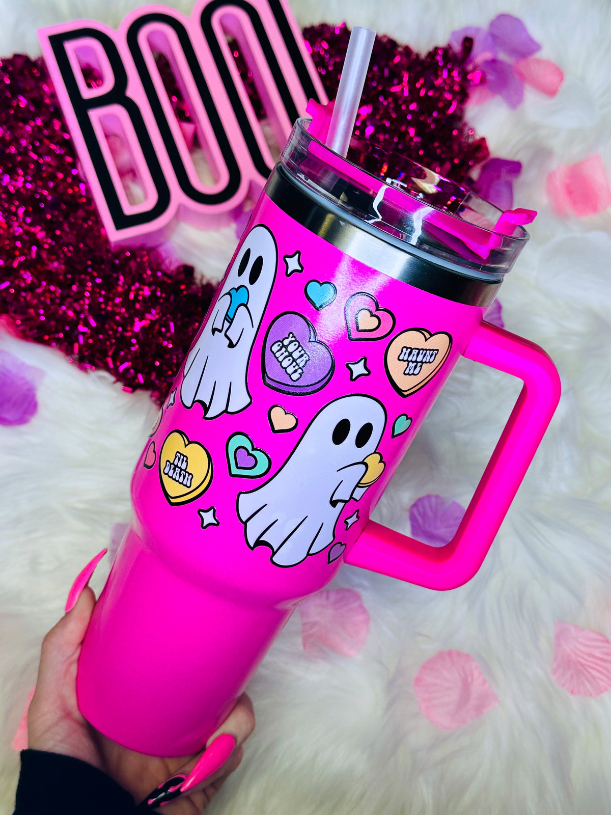 Pink Candy Heart Ghost 40 oz Tumbler