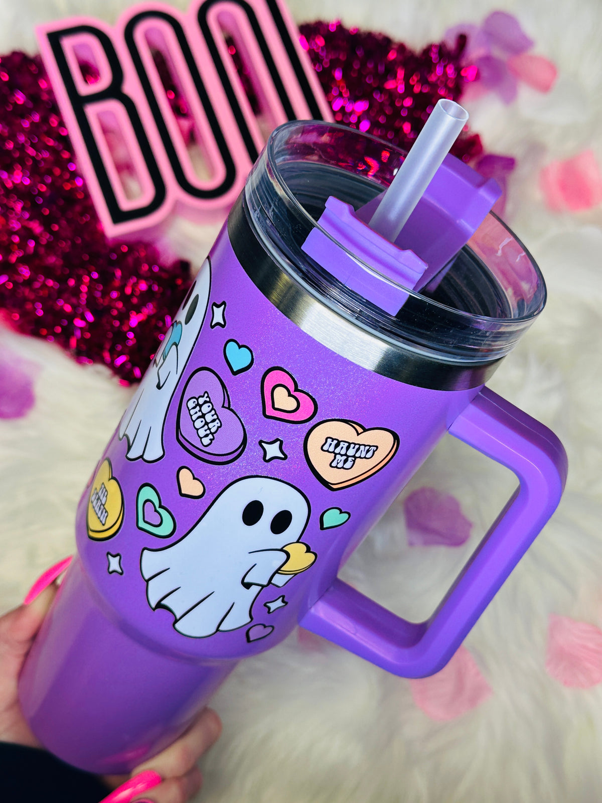 Purple Candy Heart Ghost 40 oz Tumbler