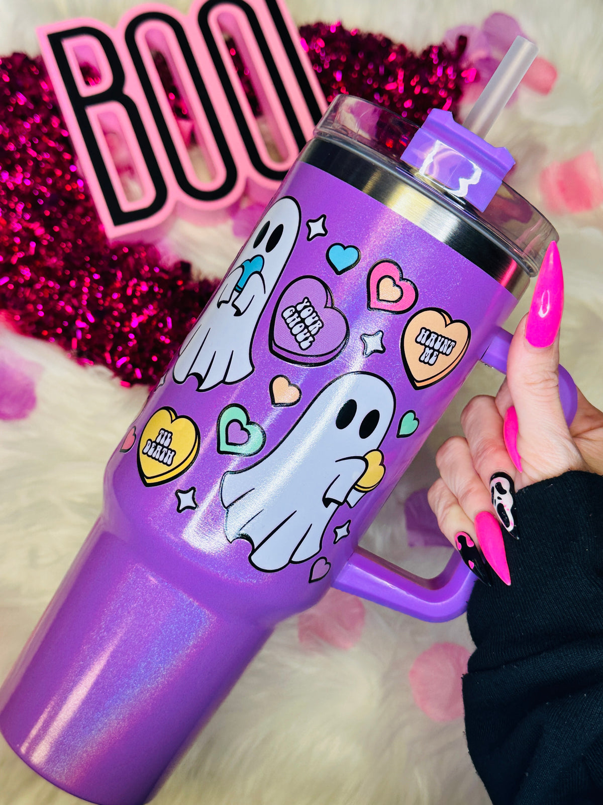 Purple Candy Heart Ghost 40 oz Tumbler