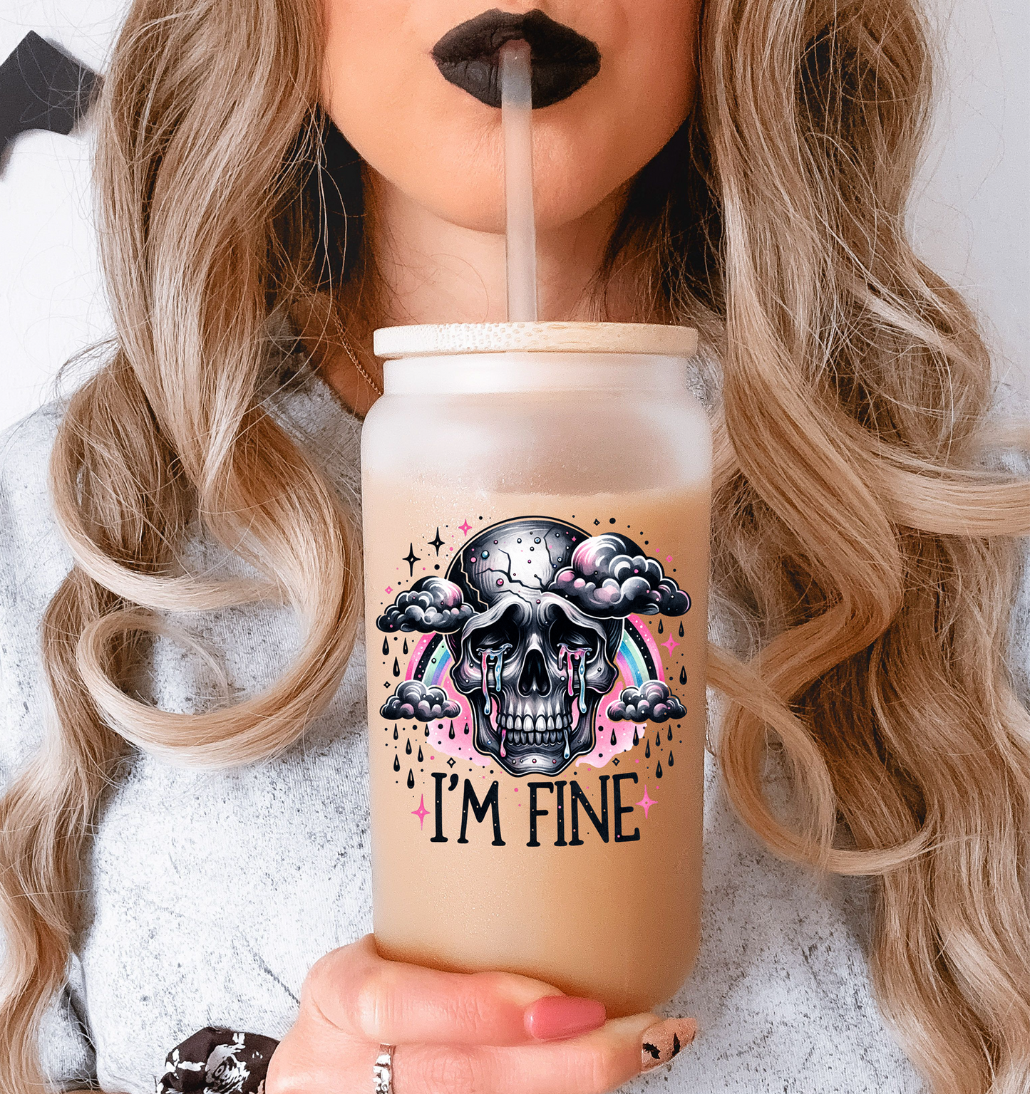 I'm Fine Crying Skull Glass Tumbler