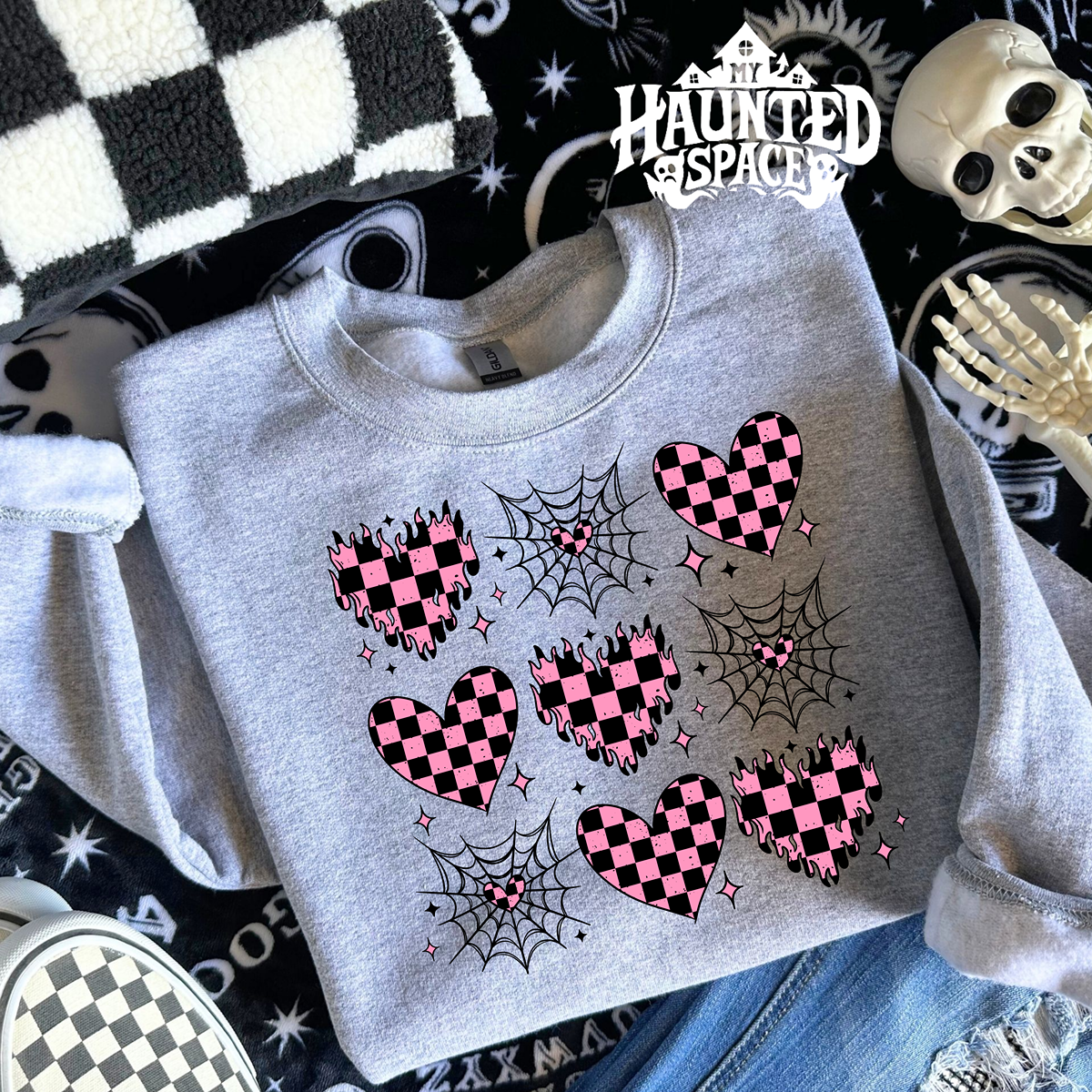 Pink Checkered Hearts Sweatshirt